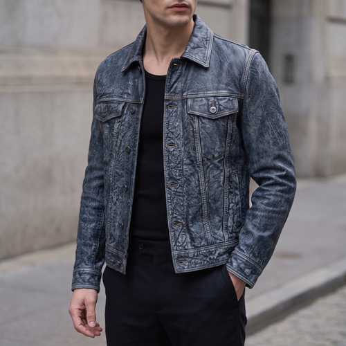 Chase Leather Denim Jacket in Denim, worn