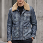 Wesley Leather Denim Chore Jacket in Medium Blue