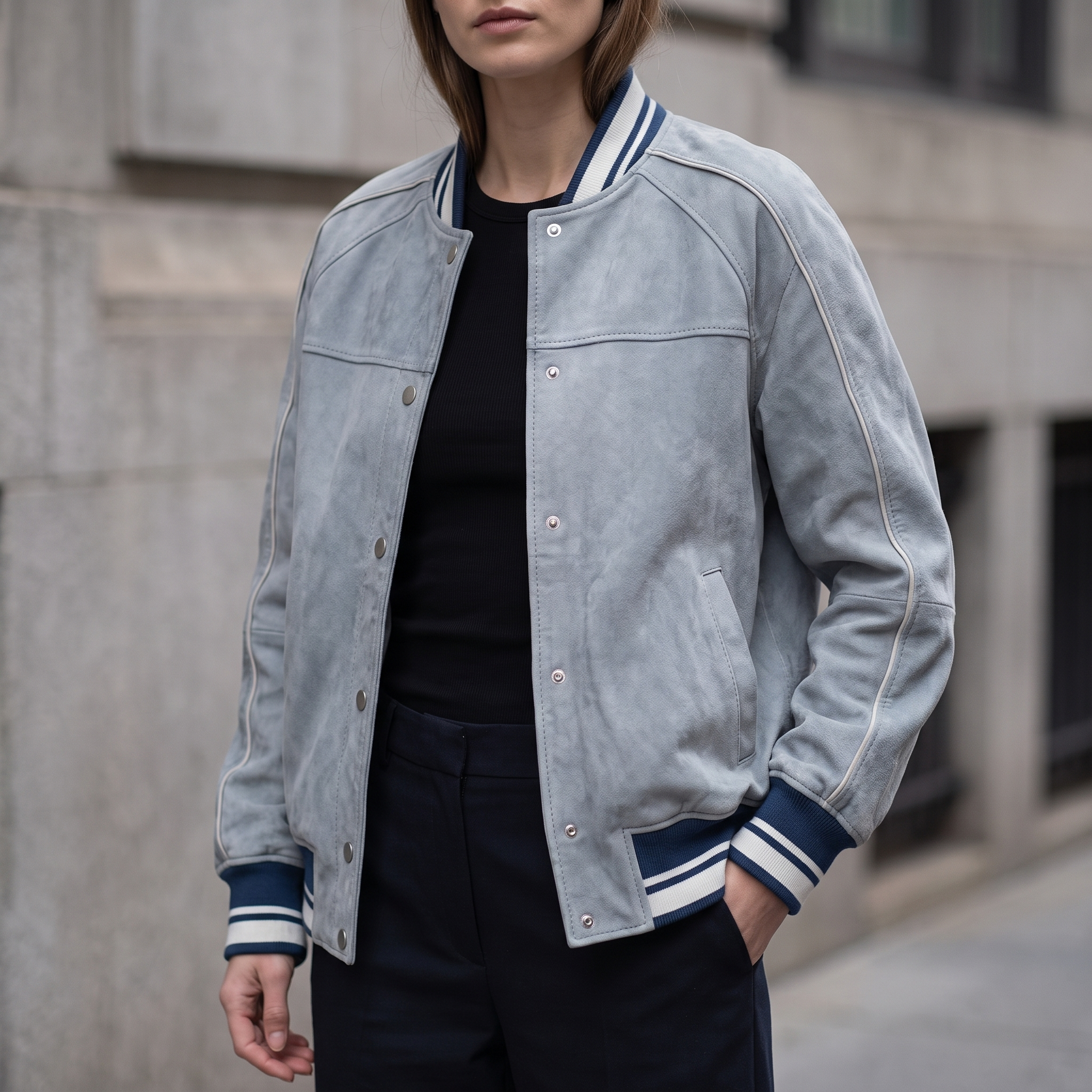 Lena Leather Denim Varsity Jacket in Light Blue Wash