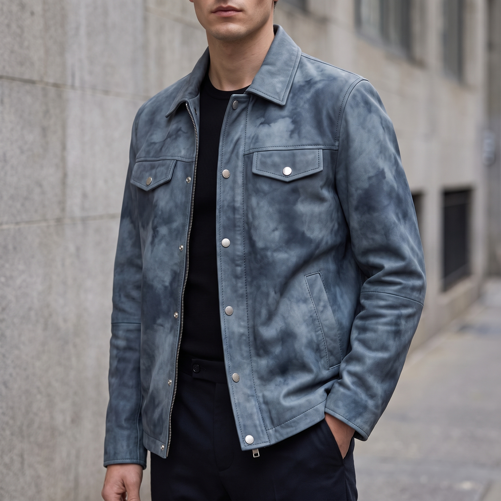 Nolan Leather Denim Shirt Jacket in Medium Blue
