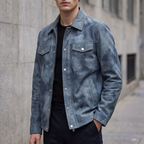 Nolan Leather Denim Shirt Jacket in Medium Blue