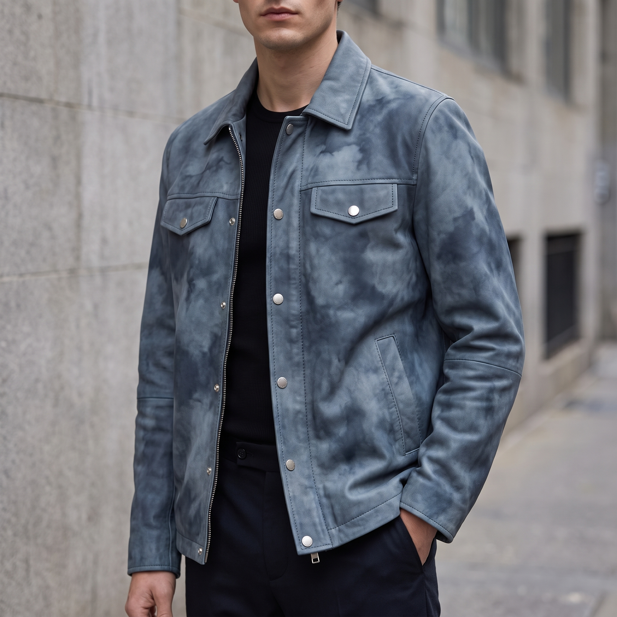 Nolan Leather Denim Shirt Jacket in Medium Blue