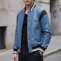 Simon Leather Denim Letterman Jacket in Blue Denim