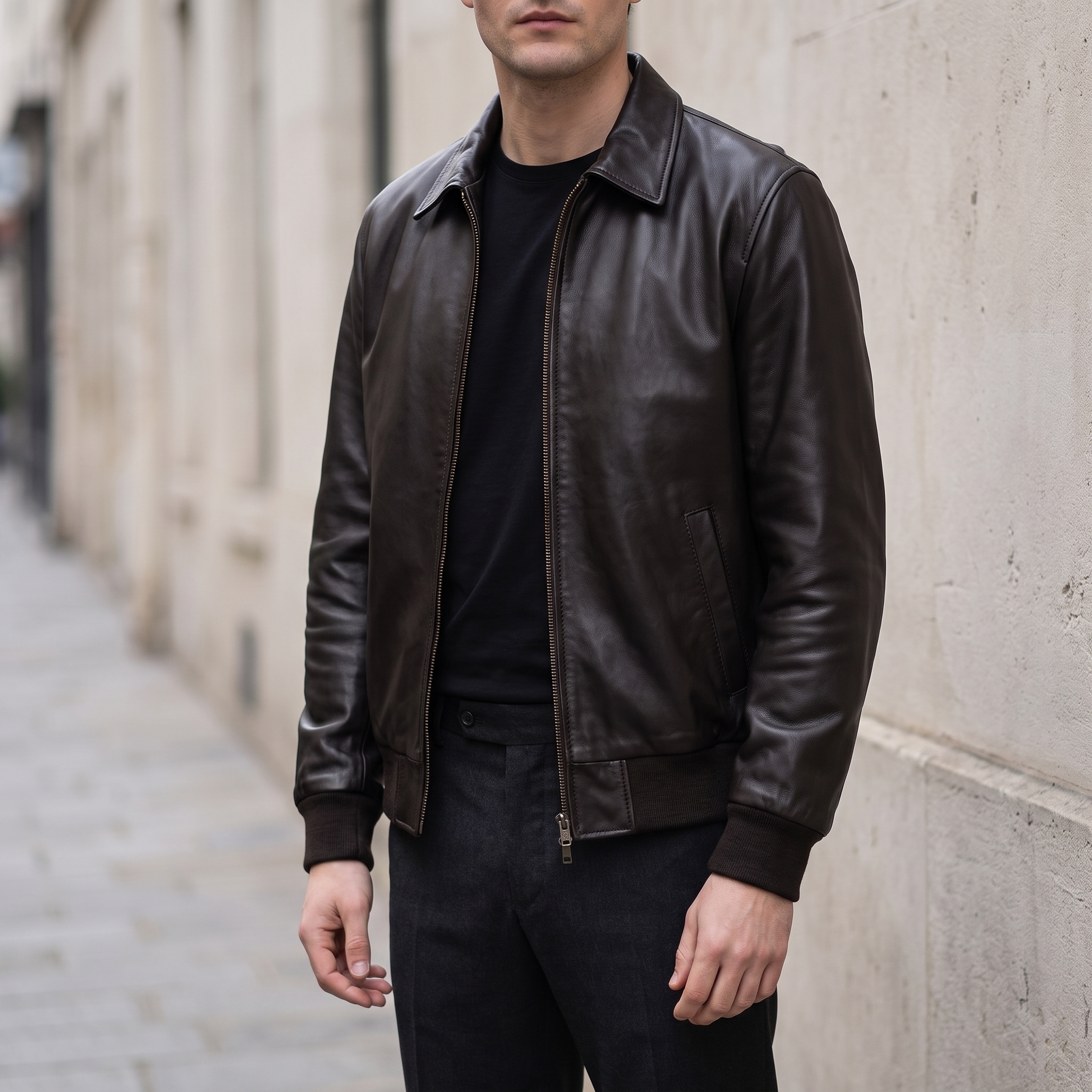 Chris Leather Bomber Jacket in Brown