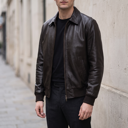 Chris Leather Bomber Jacket in Brown