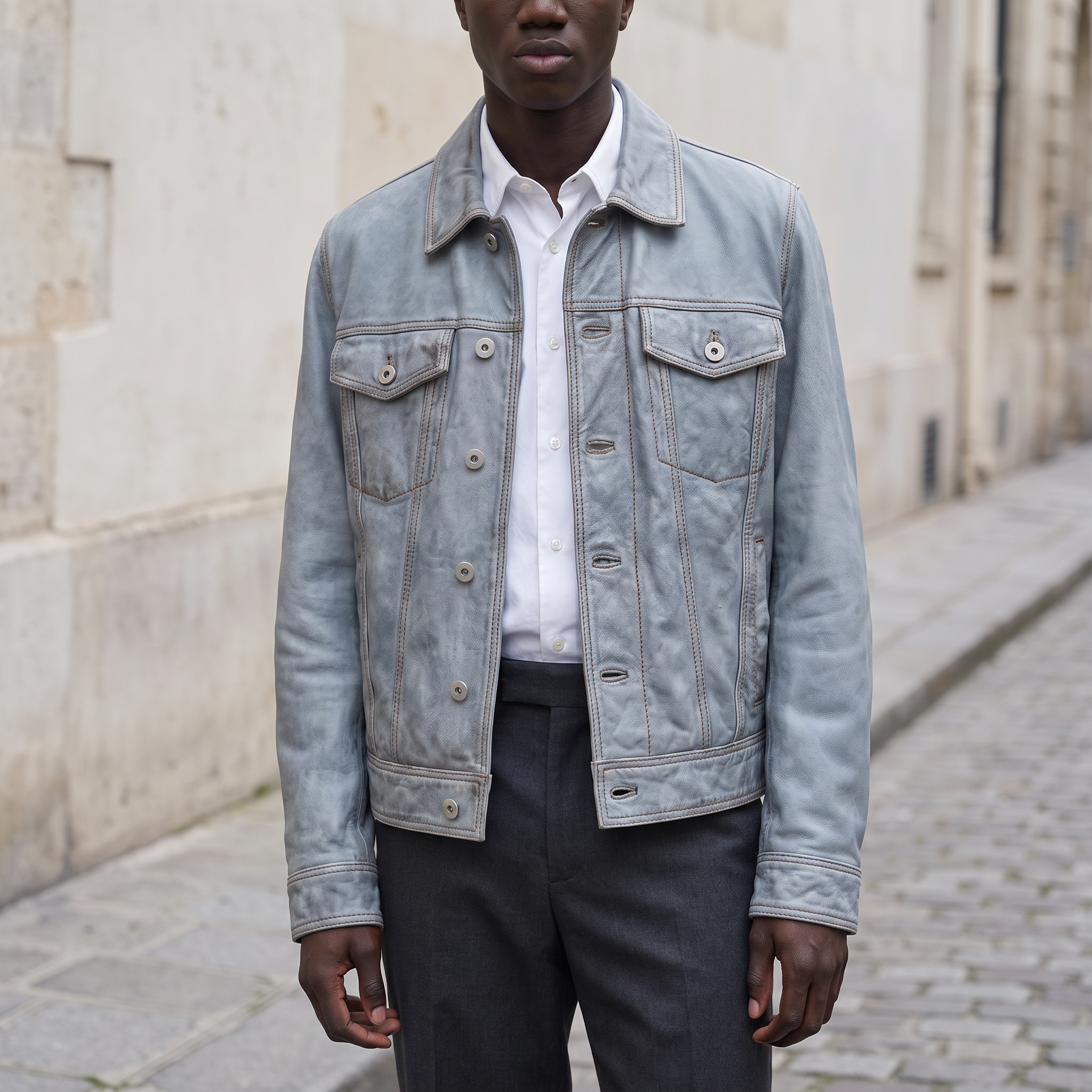 Chase Leather Denim Jacket in Light Blue Wash