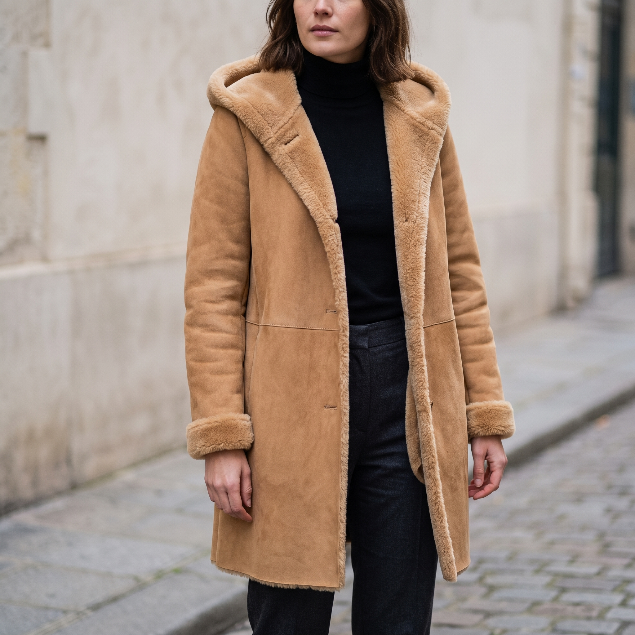 Astor Faux Shearling Hooded Jacket in Sepia