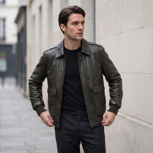 Chris Big and Tall Leather Bomber Jacket in Deep Brown