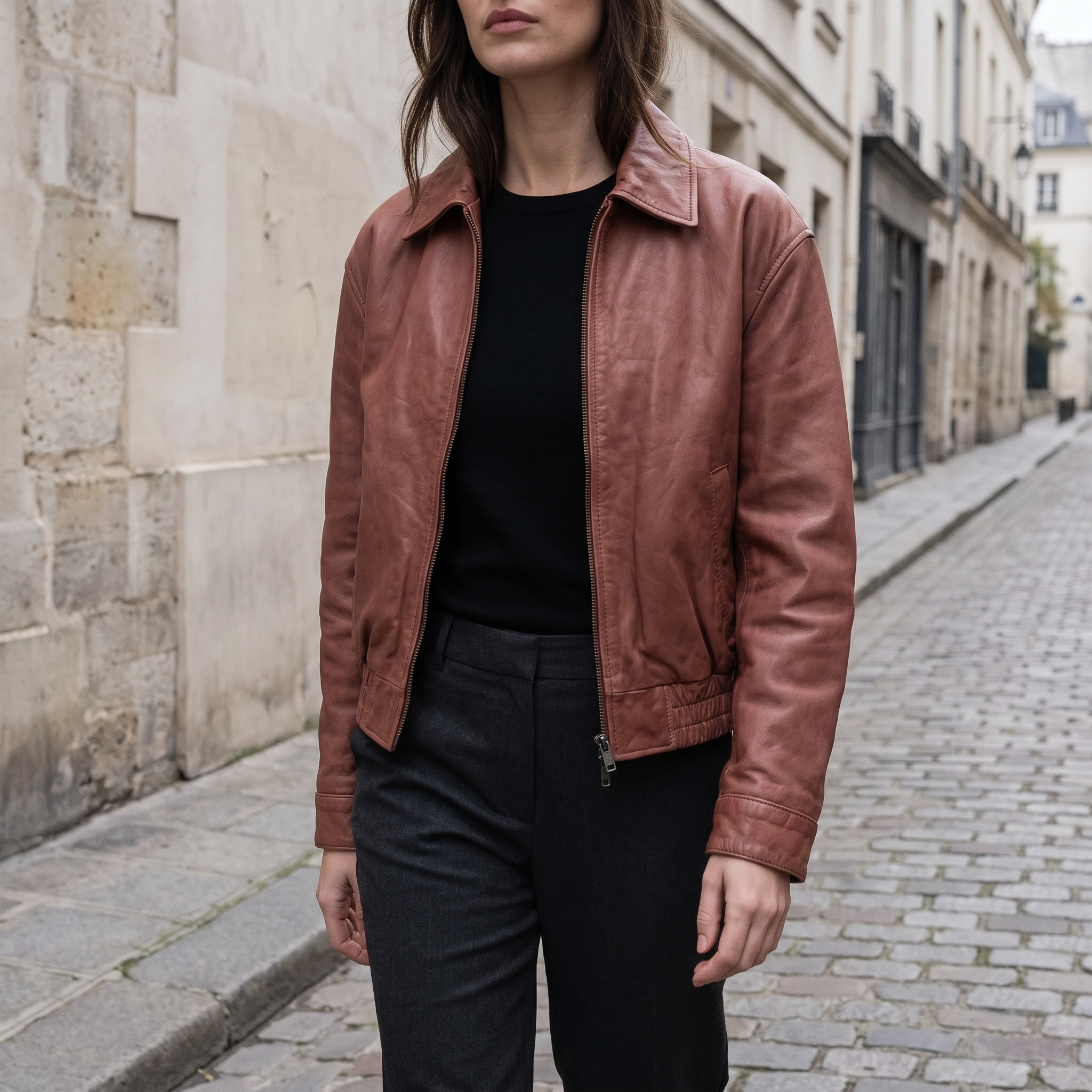 Maggie Cropped Lightweight Leather Aviator Jacket in Cognac
