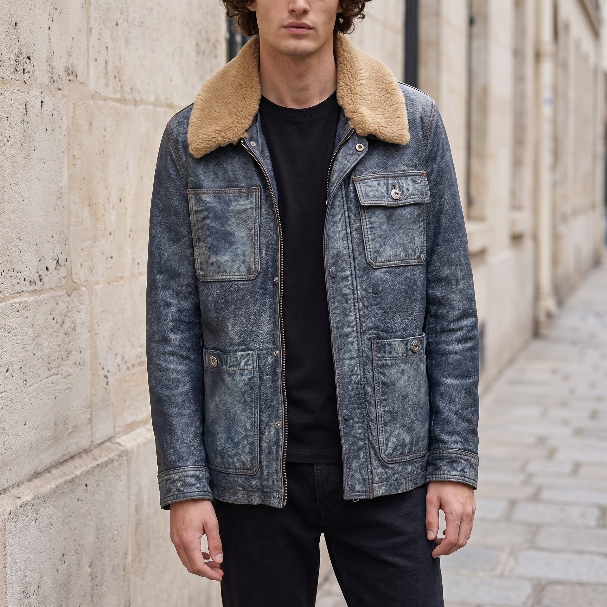 Wesley Leather Denim Chore Jacket in Medium Blue