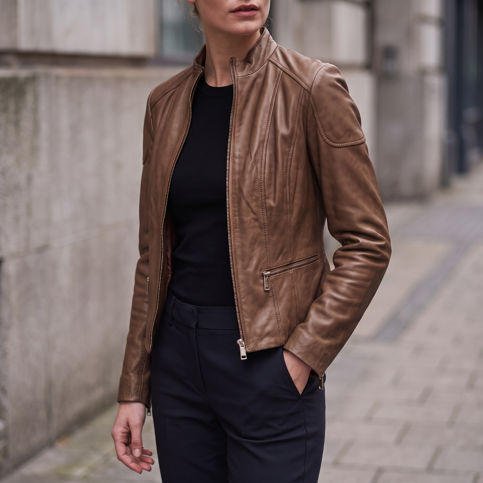 Caitlin Leather Scuba Jacket in Cognac