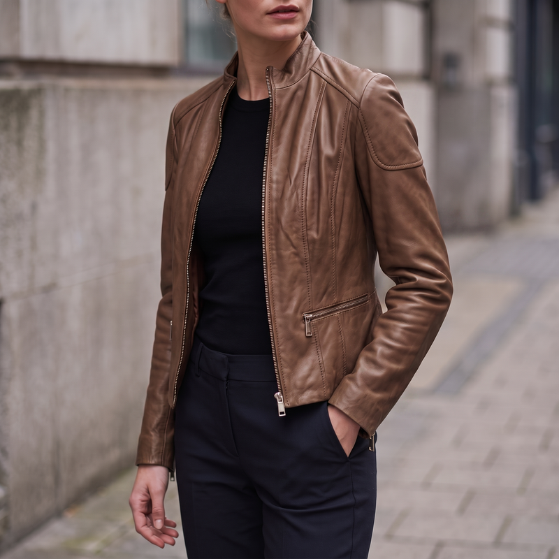 Caitlin Leather Scuba Jacket in Cognac