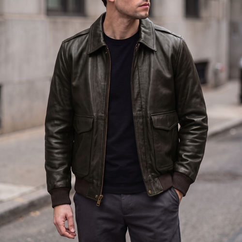 Chris Big and Tall Leather Bomber Jacket in Deep Brown