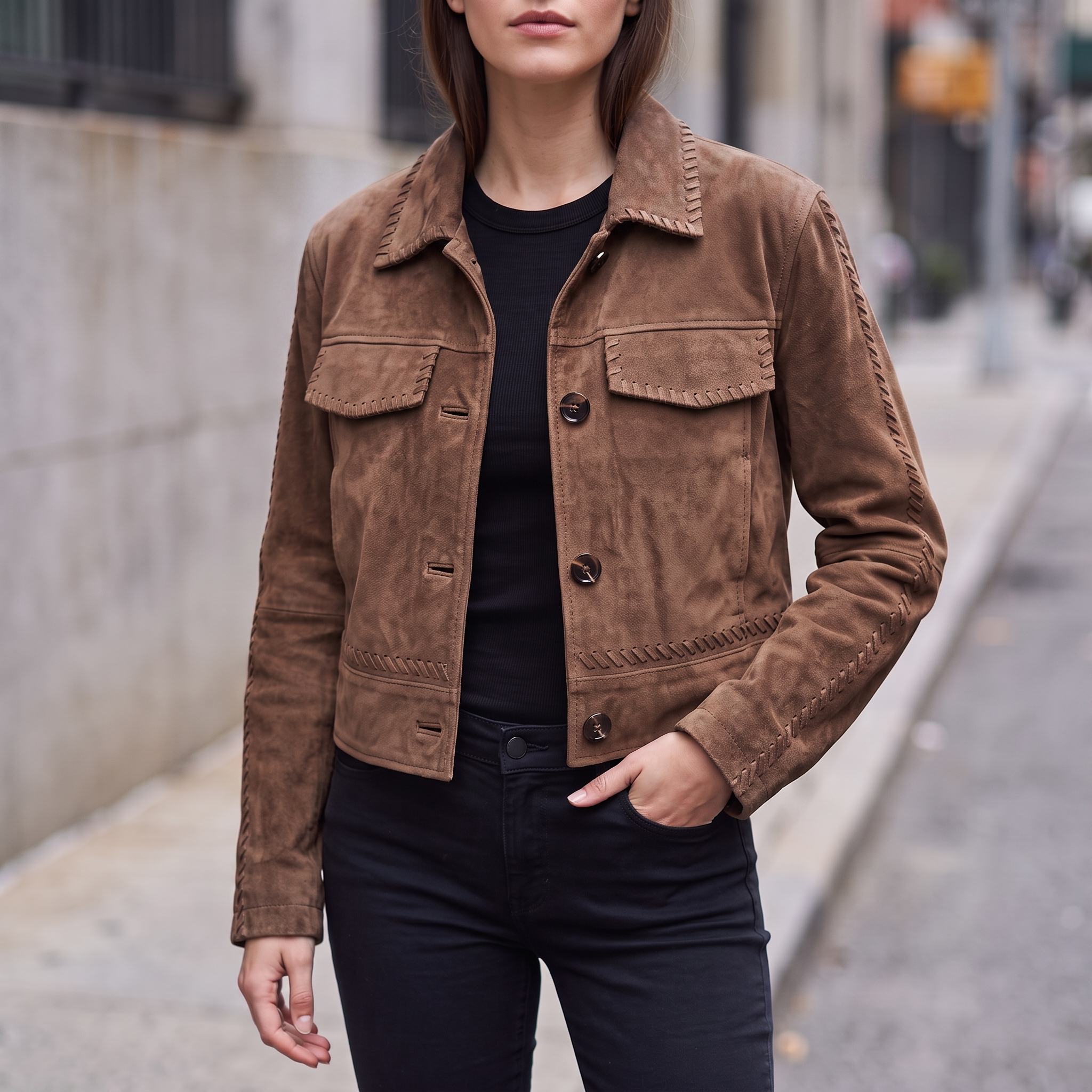Vivianne Whipstitched Suede Trucker Jacket in Cognac