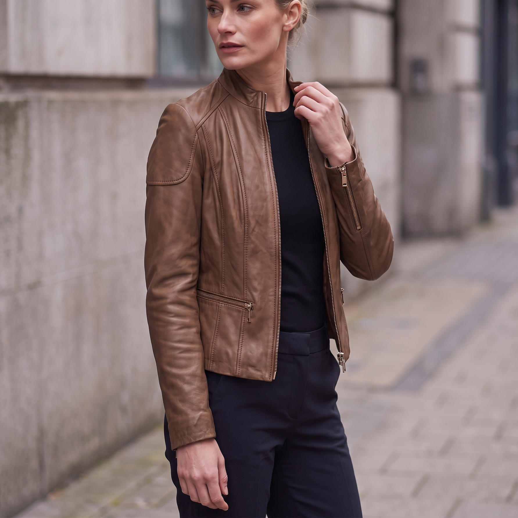 Caitlin Leather Scuba Jacket in Cognac