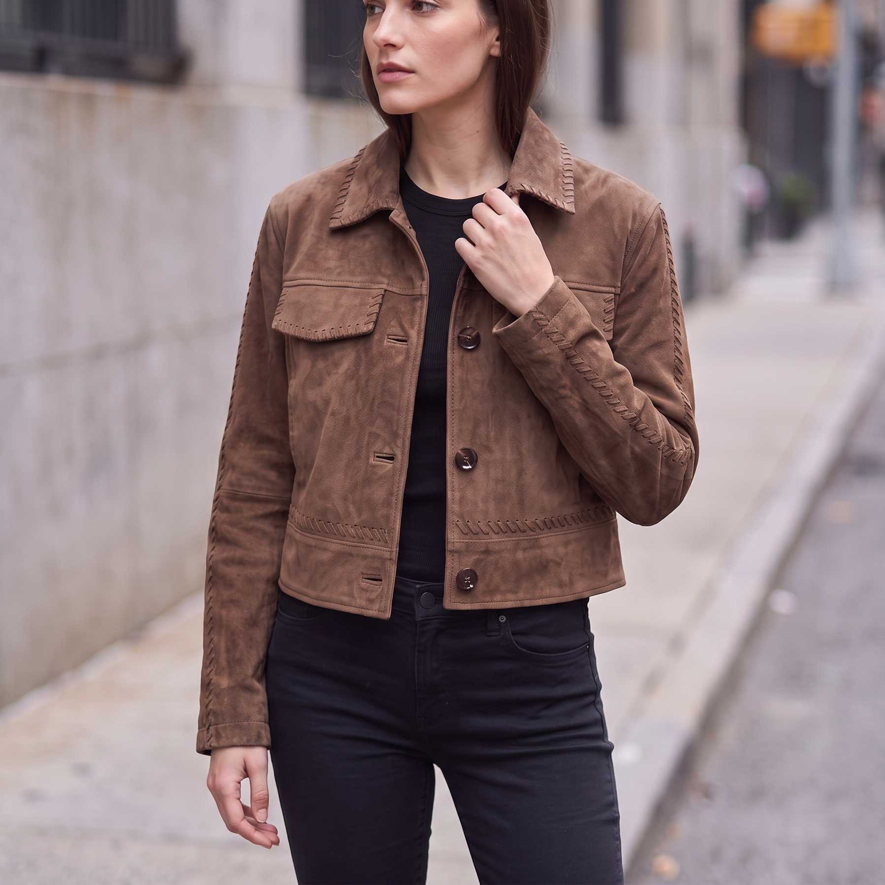 Vivianne Whipstitched Suede Trucker Jacket in Cognac