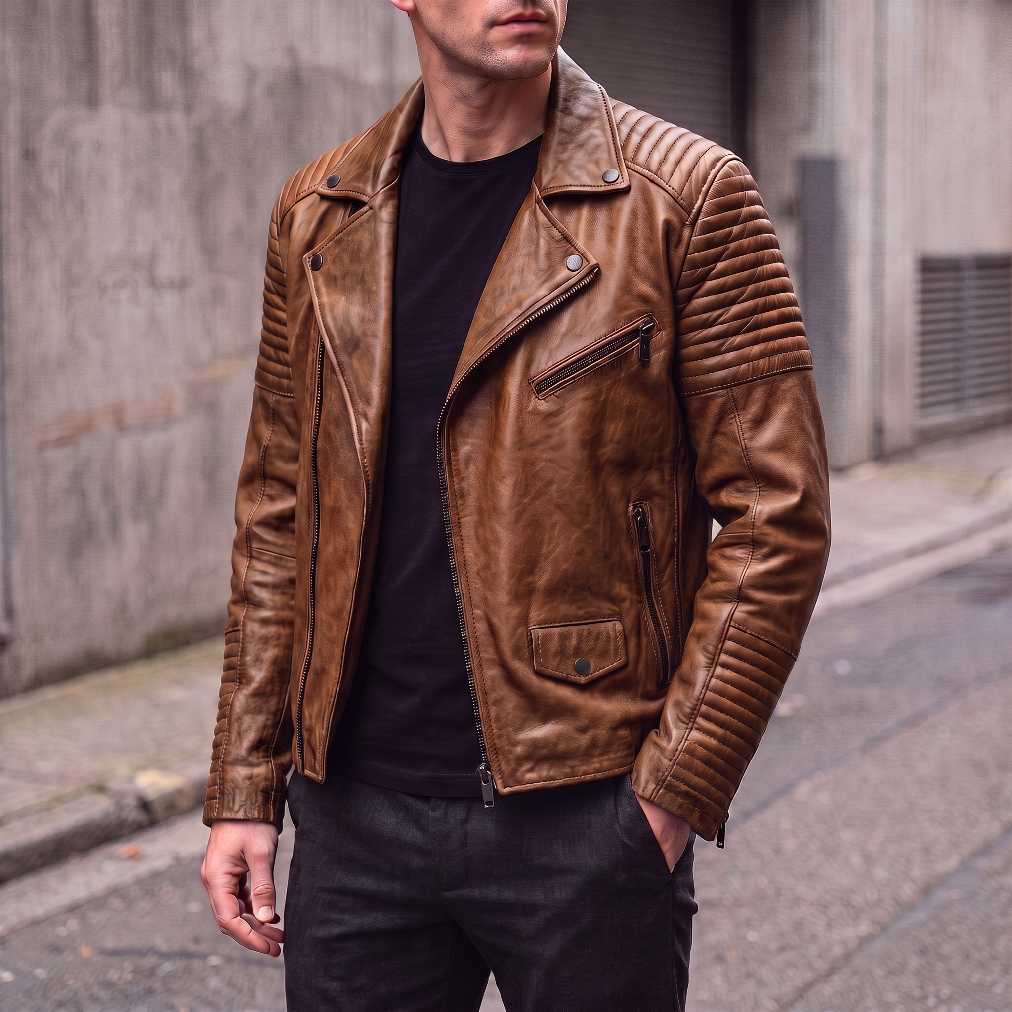 Dom Padded Leather Moto Jacket in Cognac