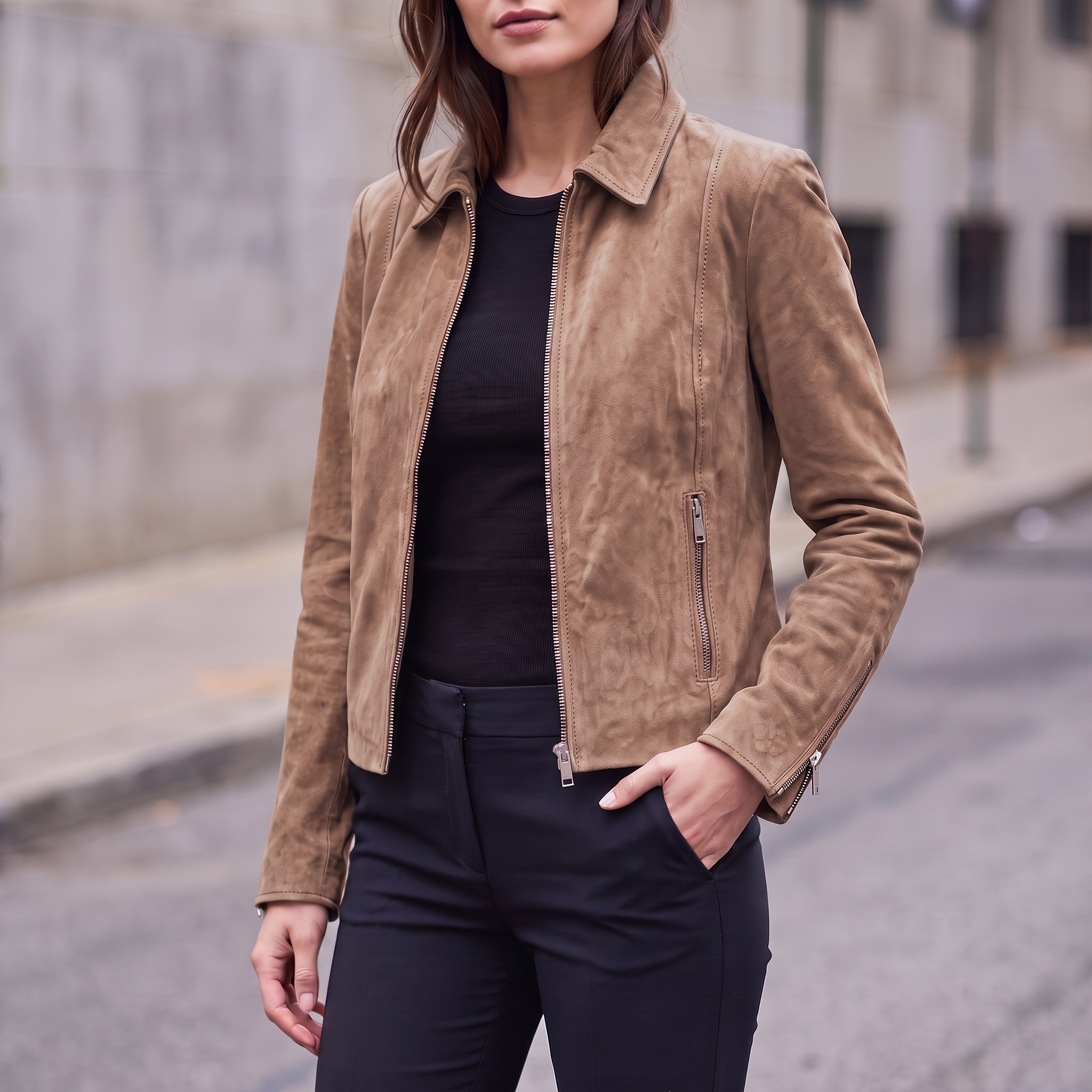 Monty Suede Shirt Collar Zip Jacket in Cognac