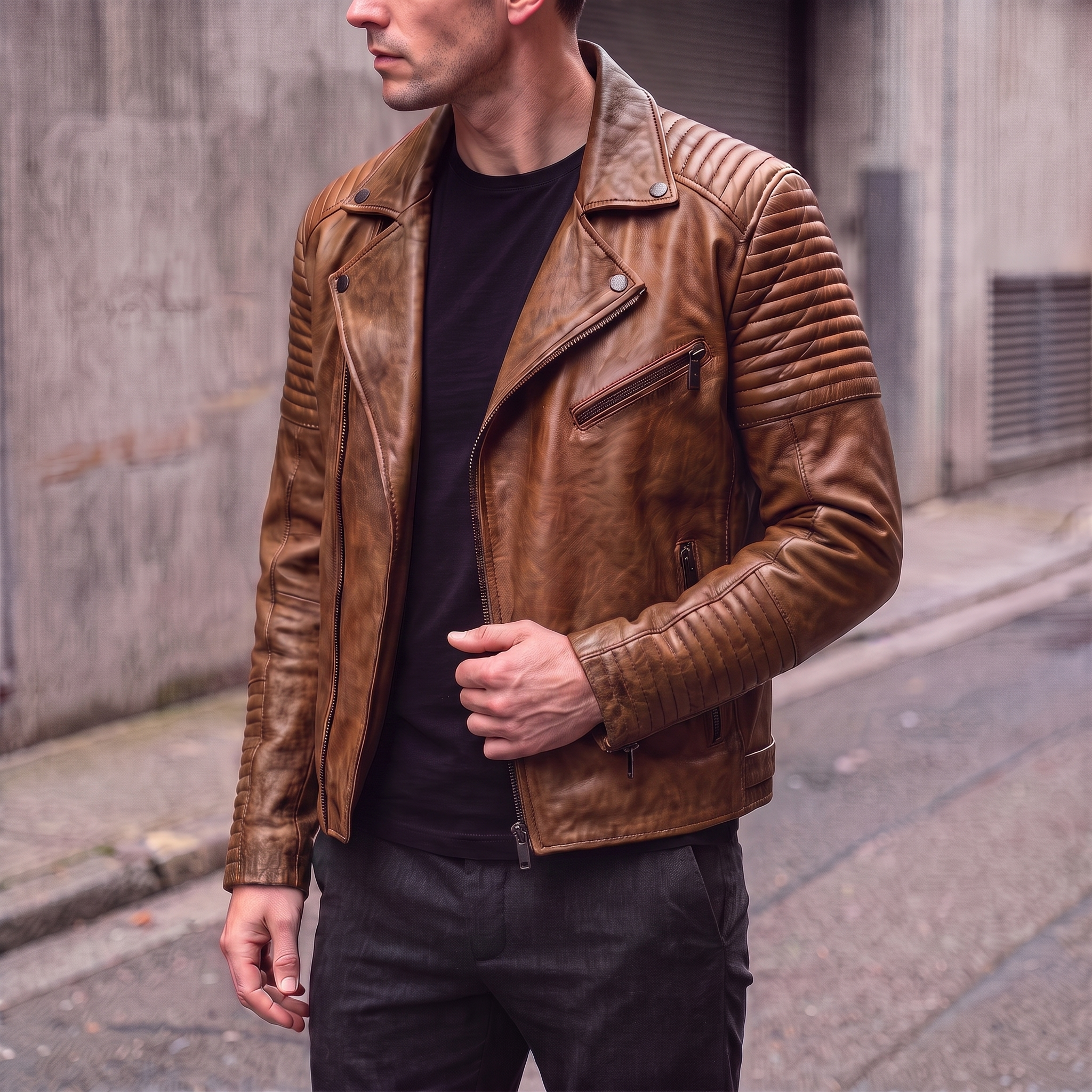 Dom Padded Leather Moto Jacket in Cognac