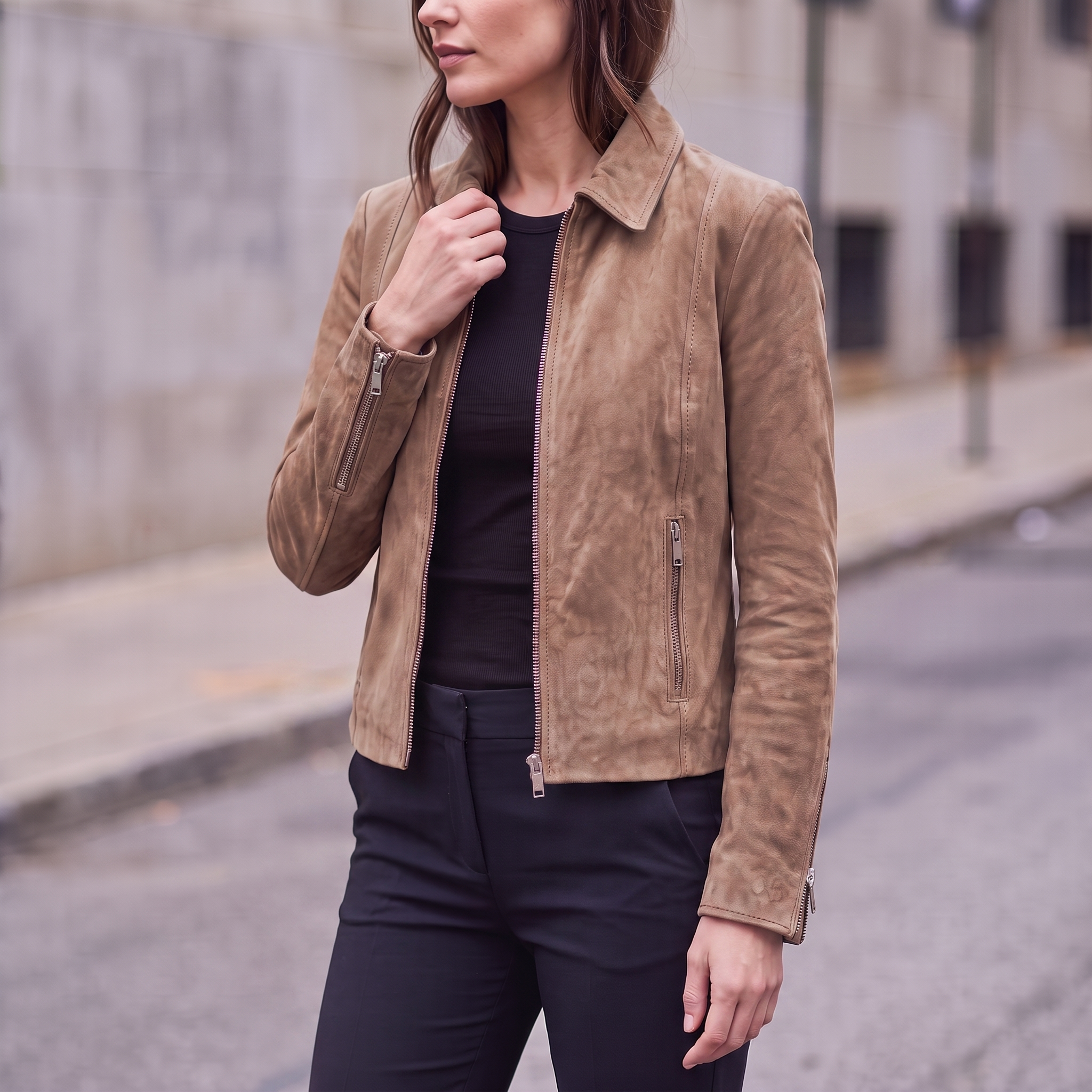 Monty Suede Shirt Collar Zip Jacket in Cognac
