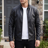 Men's black faux leather biker jacket with quilted shoulders, front lifestyle view
