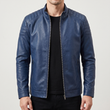 Men's blue faux leather biker jacket with quilted shoulders, front studio view