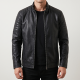 Men's black faux leather biker jacket with quilted shoulders, front studio view