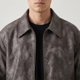 Men's distressed gray-brown faux leather jacket, collar detail