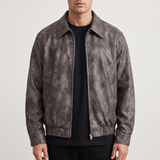 Men's distressed gray-brown faux leather jacket, front studio view