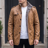 Men's khaki faux leather coat, front lifestyle view