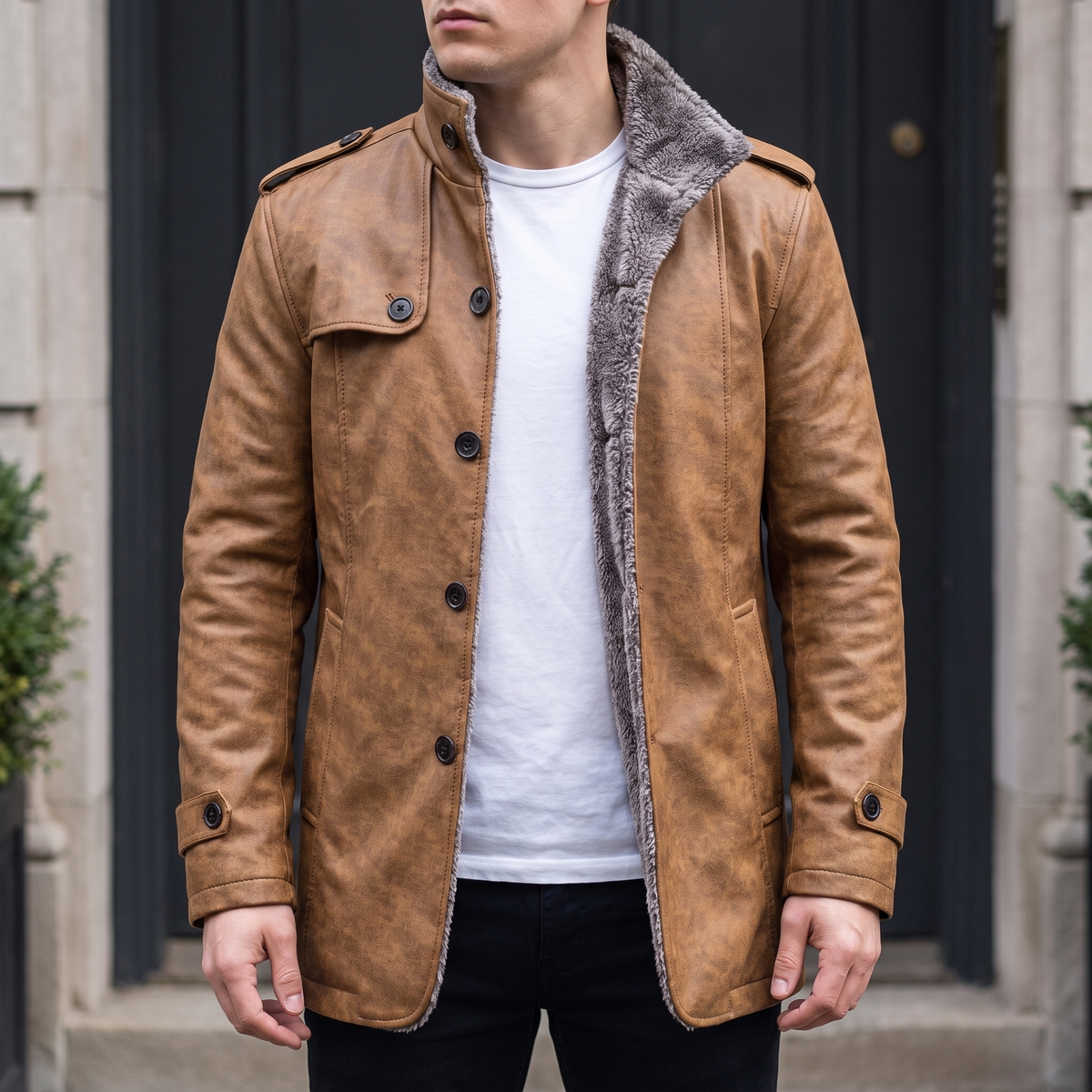 Men's khaki faux leather coat, front lifestyle view