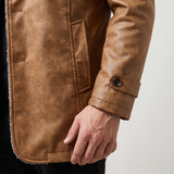 Men's khaki faux leather coat, cuff and pocket detail