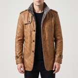 Men's khaki faux leather coat, front studio view
