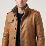 Men's khaki faux leather coat, collar and shoulder view