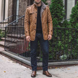Men's khaki faux leather coat, street lifestyle view