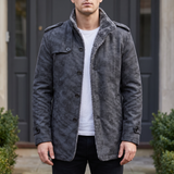 Men's dark gray faux leather coat, front lifestyle view
