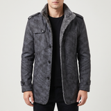 Men's dark gray faux leather coat, front studio view