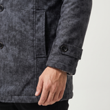 Men's dark gray faux leather coat, cuff and pocket detail