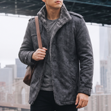 Men's dark gray faux leather coat, lifestyle view with shoulder bag