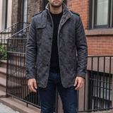 Men's dark gray faux leather coat, street lifestyle view