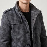 Men's dark gray faux leather coat, collar and shoulder view