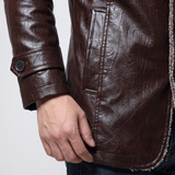 Men's brown faux leather coat, cuff and pocket detail