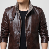 Men's brown faux leather coat, collar and shoulder view