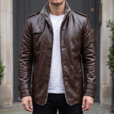 Men's brown faux leather coat, front lifestyle view