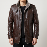 Men's brown faux leather coat, front studio view