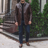 Men's brown faux leather coat, street lifestyle view