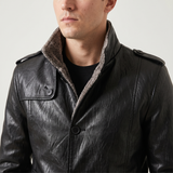 Men's black faux leather coat, collar and shoulder view