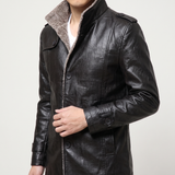 Men's black faux leather coat, cuff and pocket detail