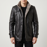 Men's black faux leather coat, front studio view