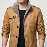 Men's earthy yellow faux leather coat, collar and shoulder view